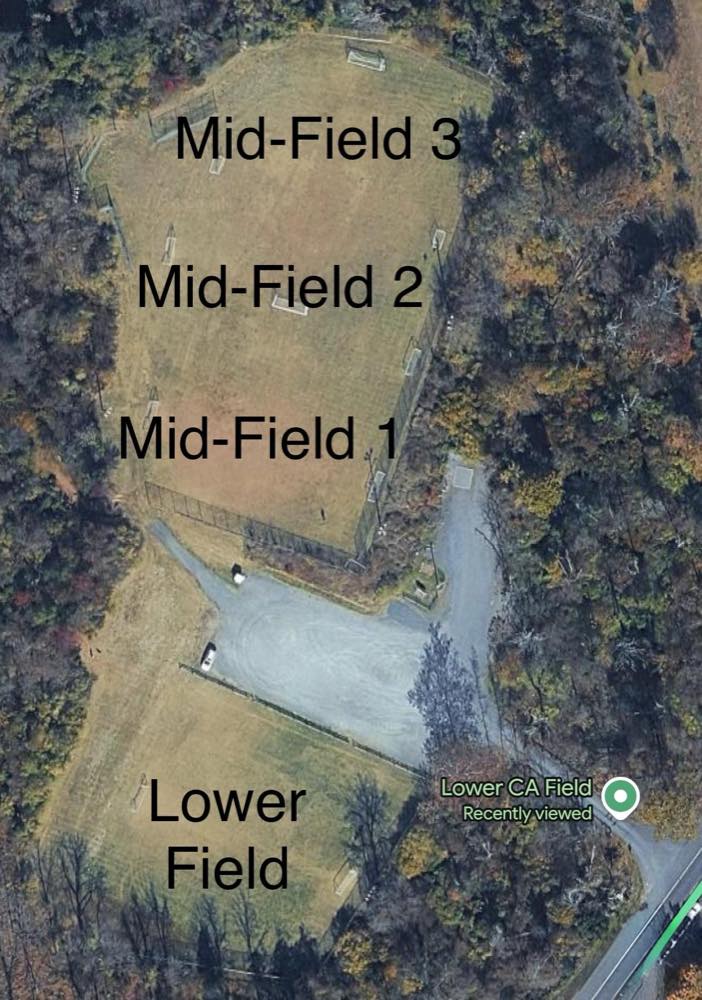 Satellite view of Lower CA Fields, labelling Lower Field and Mid-Field 1, 2 and 3