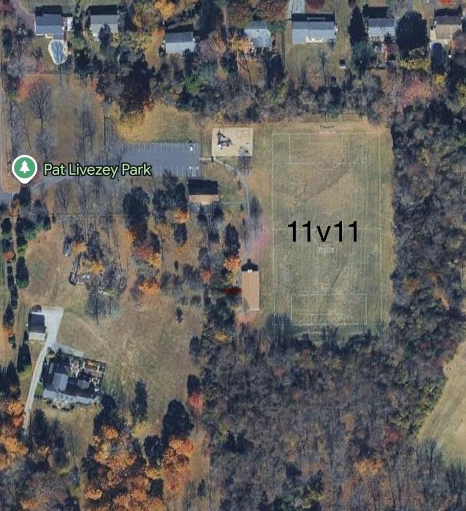 Satellite view of Pat Livezey Park, labelling the 11v11 field